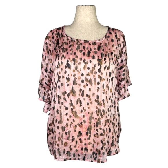 Umgee Pink Metallic Leopard Print Ruffle Sleeve Blouse Size L Sheer Top - Picture 1 of 9
